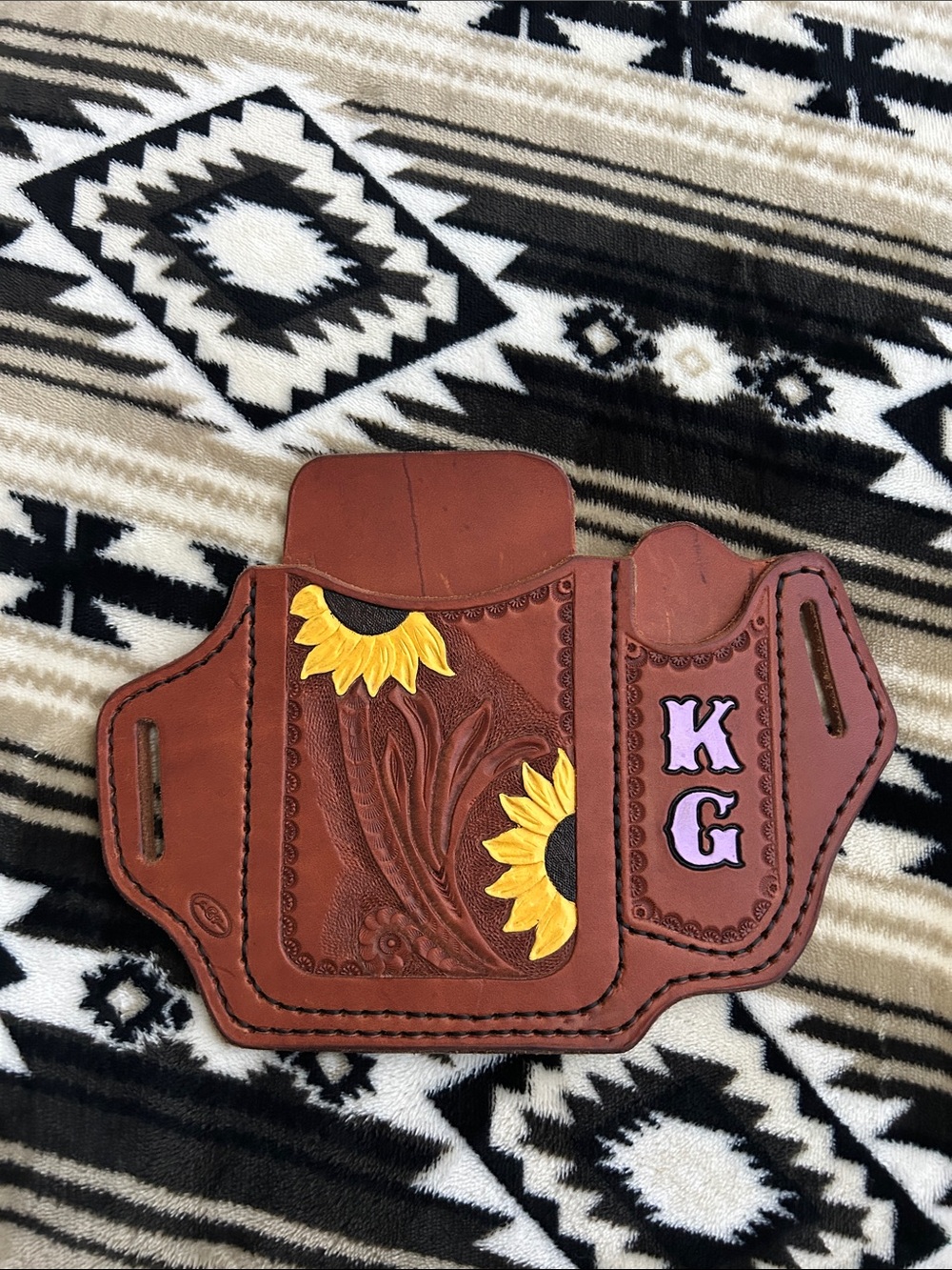 Brown Leather Sunflower Belt Pouch with lavender Initials